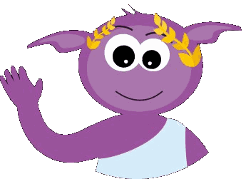 Clubby, the Pedagogy Club mascot — a friendly purple character with laurel wreaths, waving hello